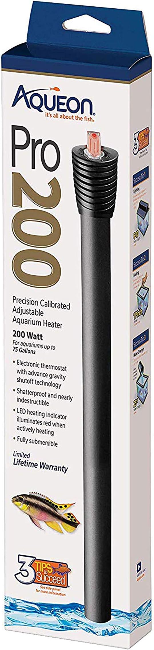Aqueon Adjustable Pro Aquarium Heater, 200W | 200 watt aquarium heater, adjustable 68 to 88°F, auto shut-off, for fresh and saltwater aquariums product image